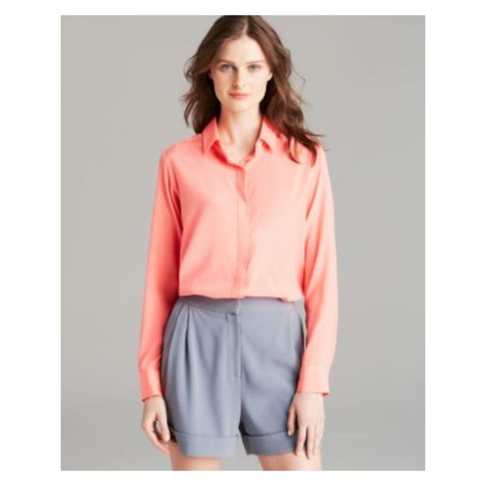 DKNY Womens Coral Cuffed Sleeve Collared Button Up Top M